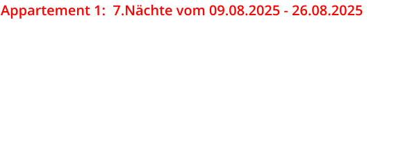 Appartement 1:  7.Nchte vom 09.08.2025 - 26.08.2025 Leistung Angebot 10407 7. Nchte 2x Bettwsche 2x Handtcher Fahrradnutzung Endreinigung                                                                                           Aktionspreis:  249,00